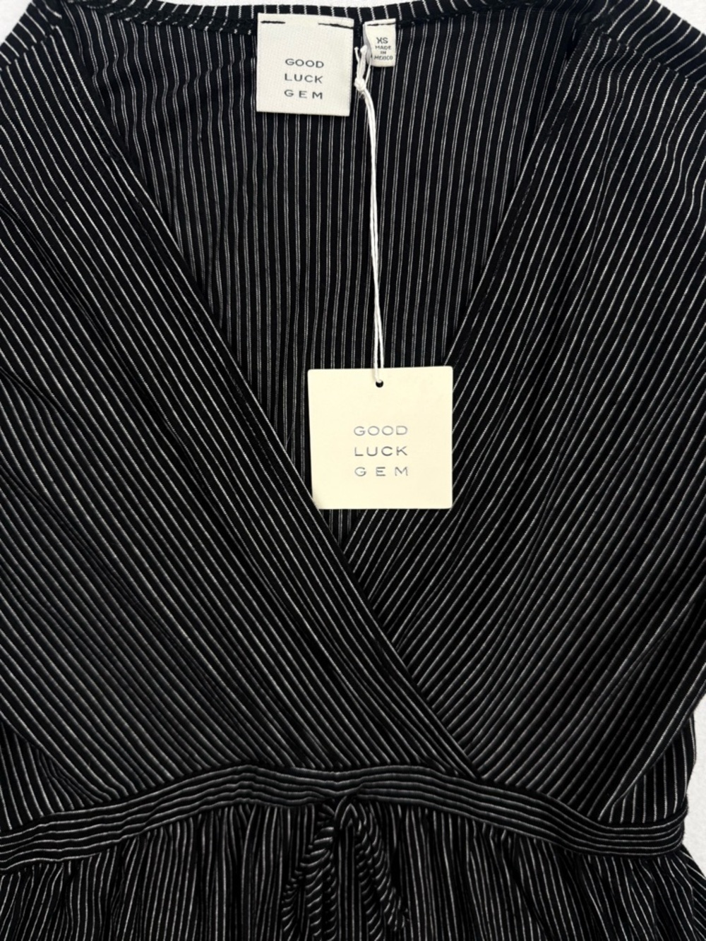 Good Luck Gem NWT Black Pinstripe Wrap Peplum Top Size XS - Picture 4 of 5